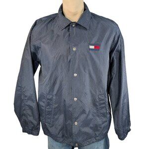 Tommy Hilfiger Men's Medium Navy Blue Windowpane Plaid Button Front Windbreaker